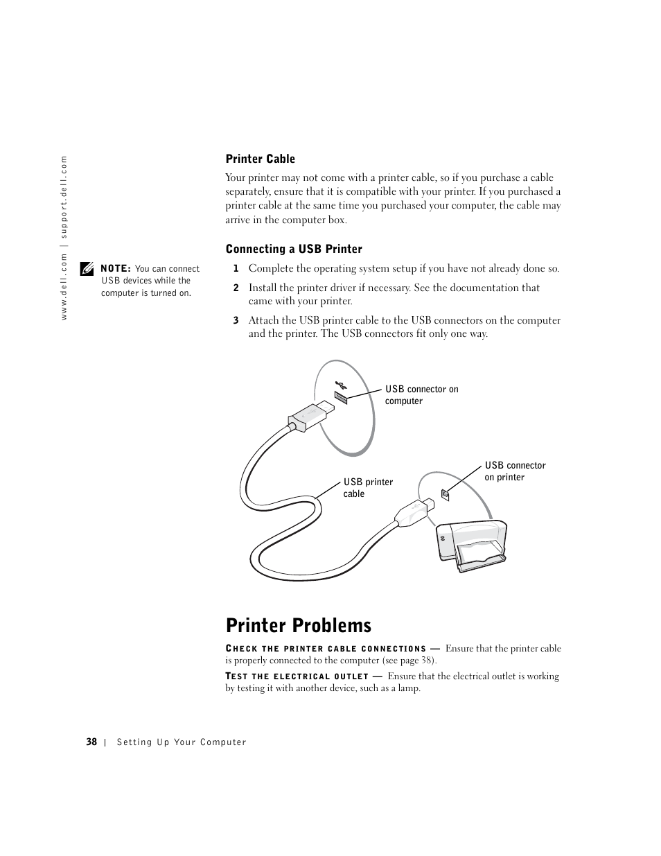 Printer cable, Connecting a usb printer, Printer problems | Dell Inspiron 1100 User Manual | Page 38 / 164