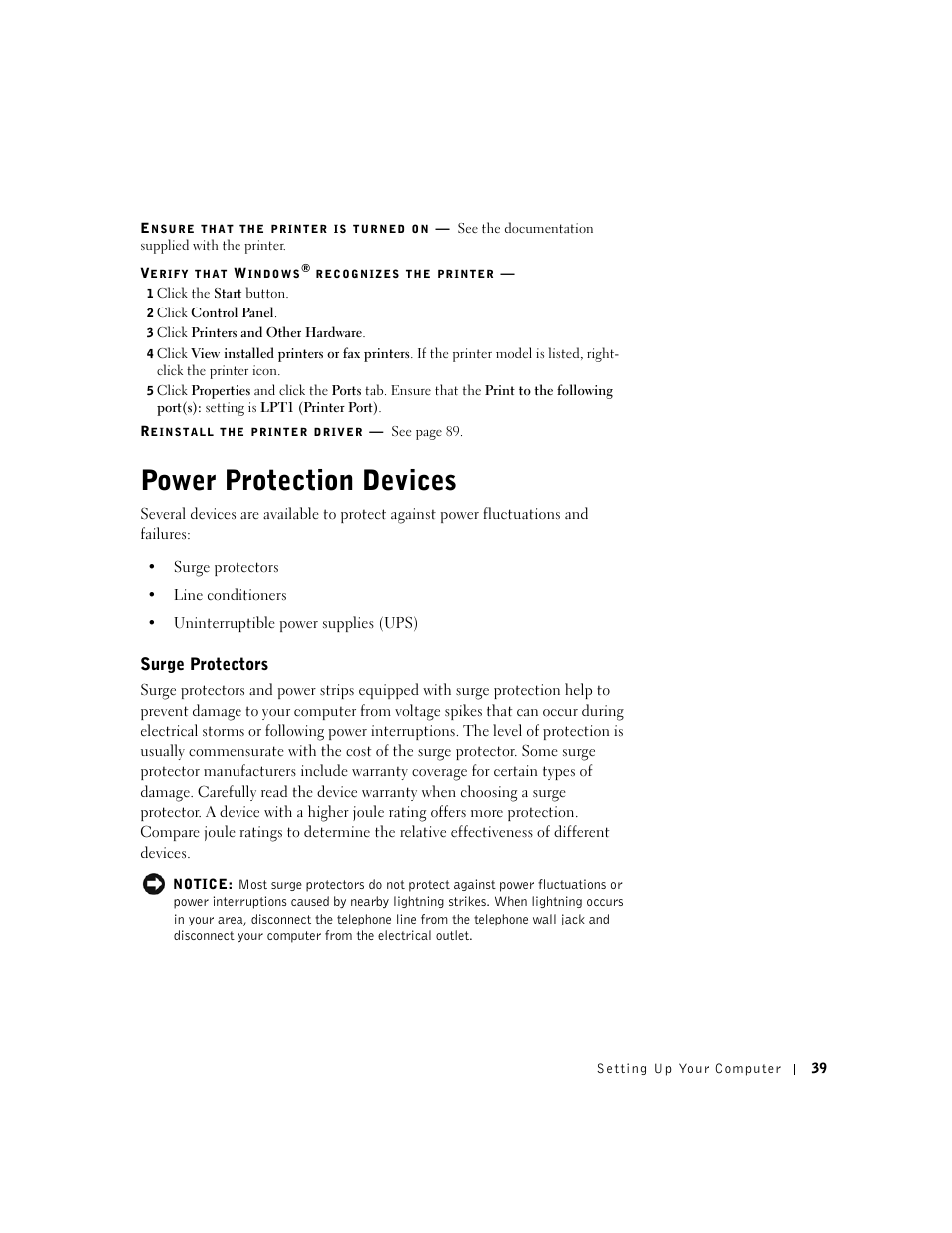 Power protection devices, Surge protectors | Dell Inspiron 1100 User Manual | Page 39 / 164