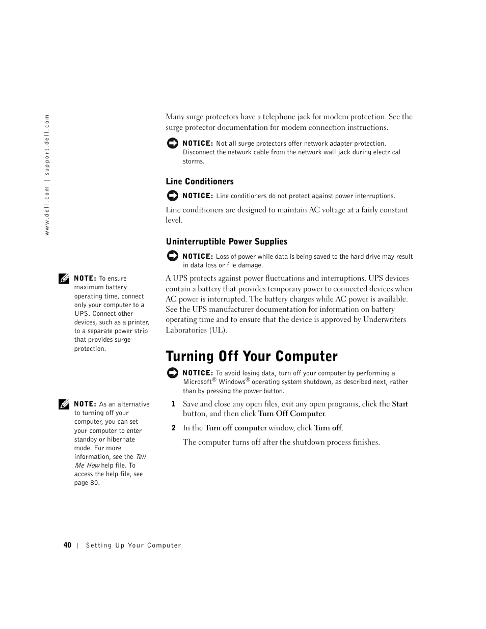 Line conditioners, Uninterruptible power supplies, Turning off your computer | Dell Inspiron 1100 User Manual | Page 40 / 164