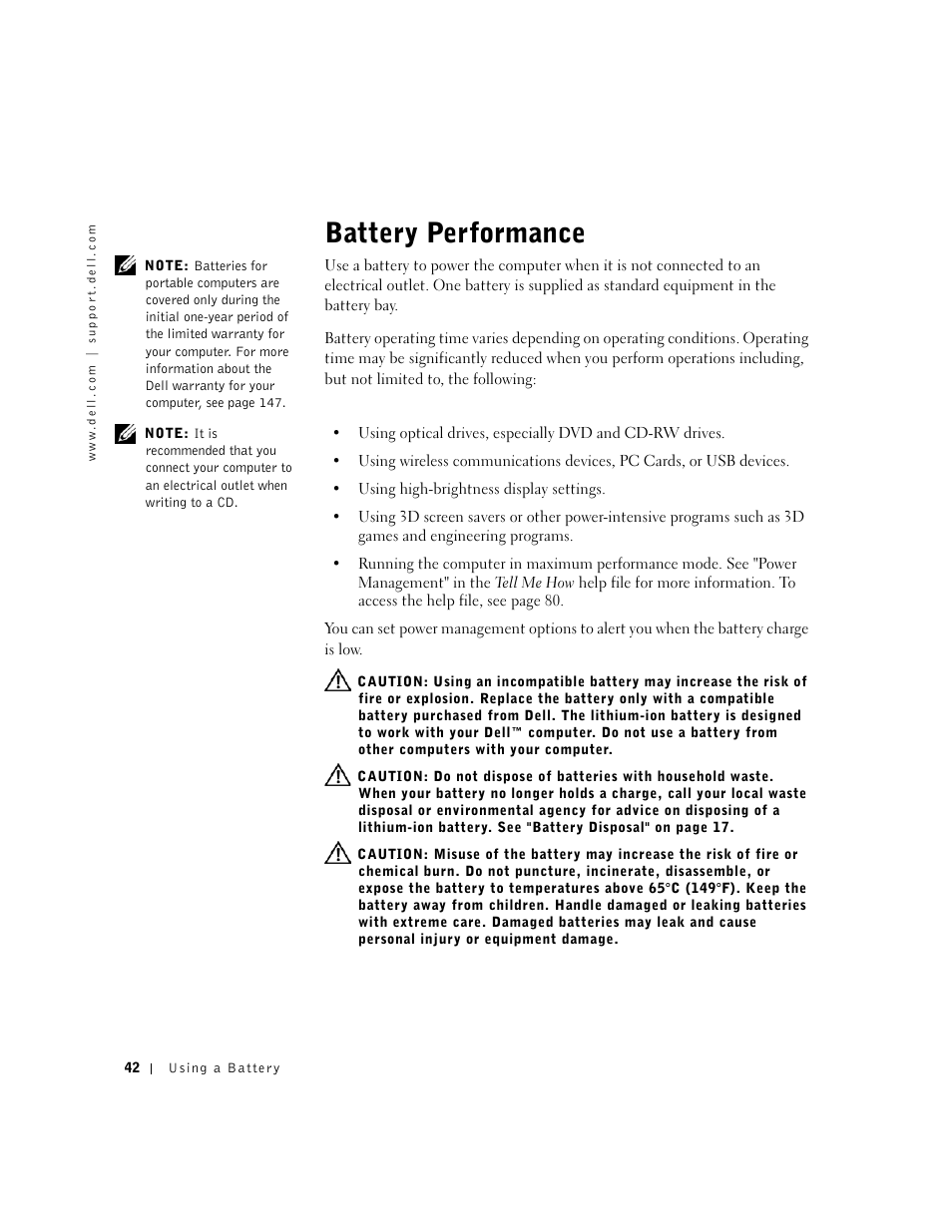 Battery performance | Dell Inspiron 1100 User Manual | Page 42 / 164