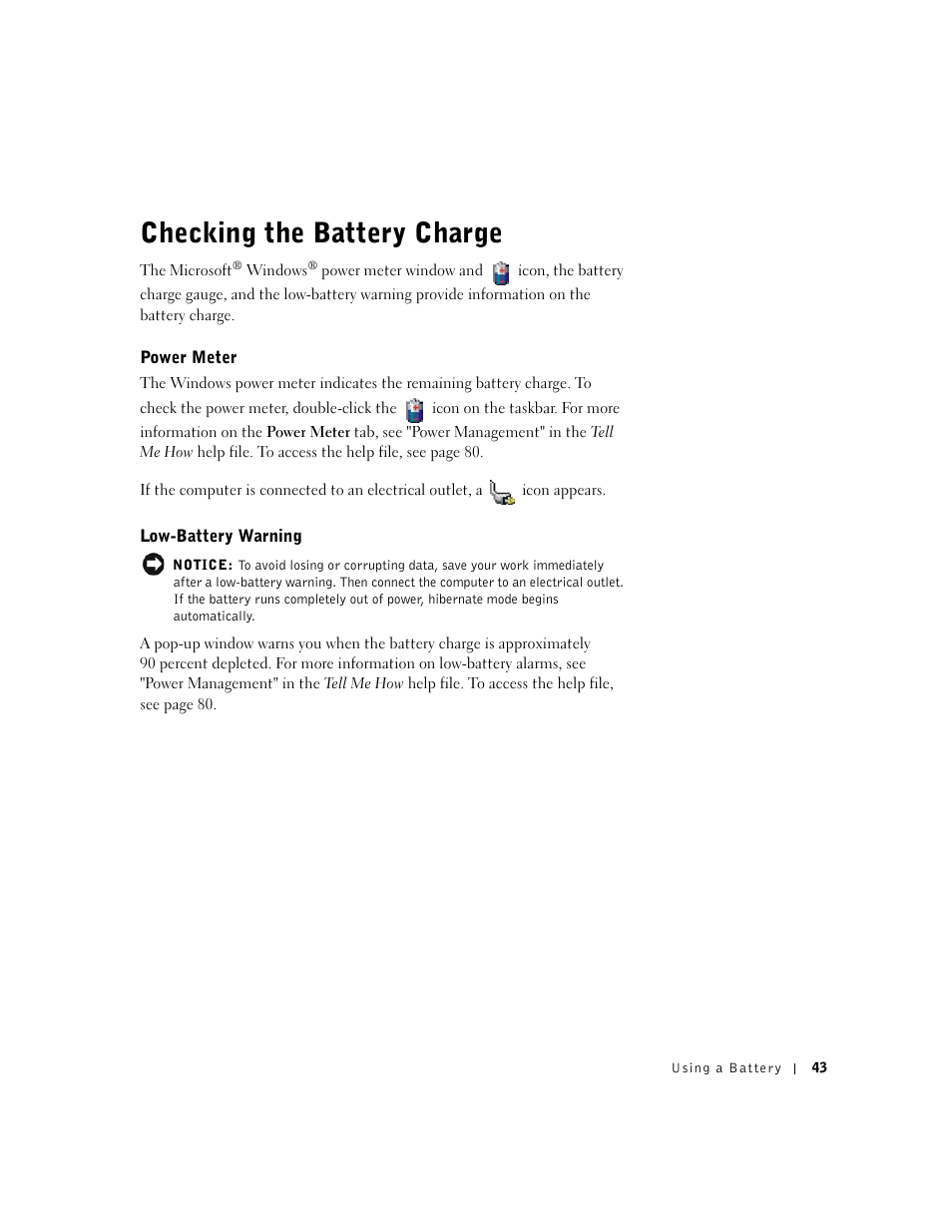 Checking the battery charge, Power meter, Low-battery warning | Dell Inspiron 1100 User Manual | Page 43 / 164