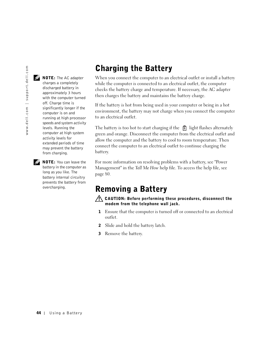 Charging the battery, Removing a battery, Charging the battery removing a battery | Dell Inspiron 1100 User Manual | Page 44 / 164