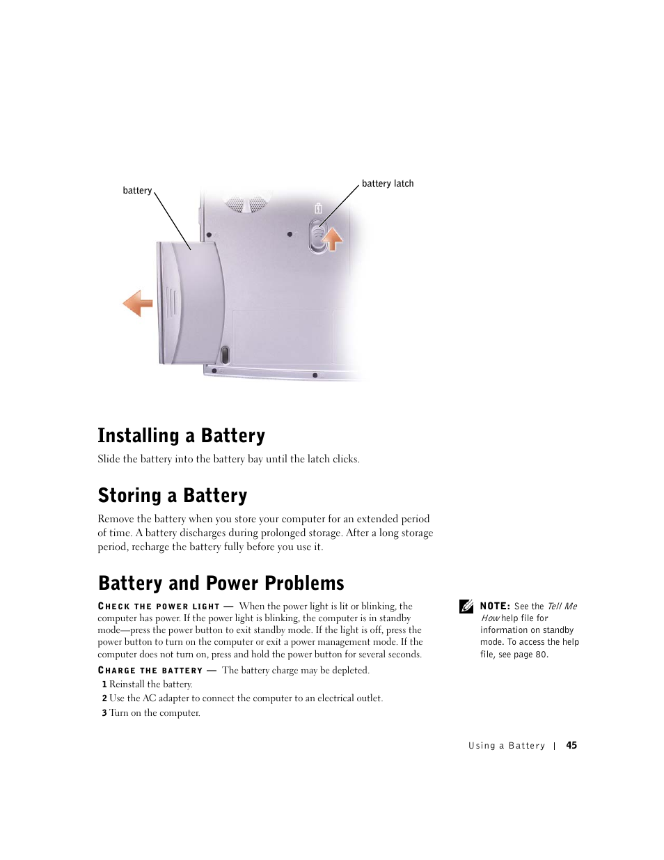 Installing a battery, Storing a battery, Battery and power problems | Dell Inspiron 1100 User Manual | Page 45 / 164