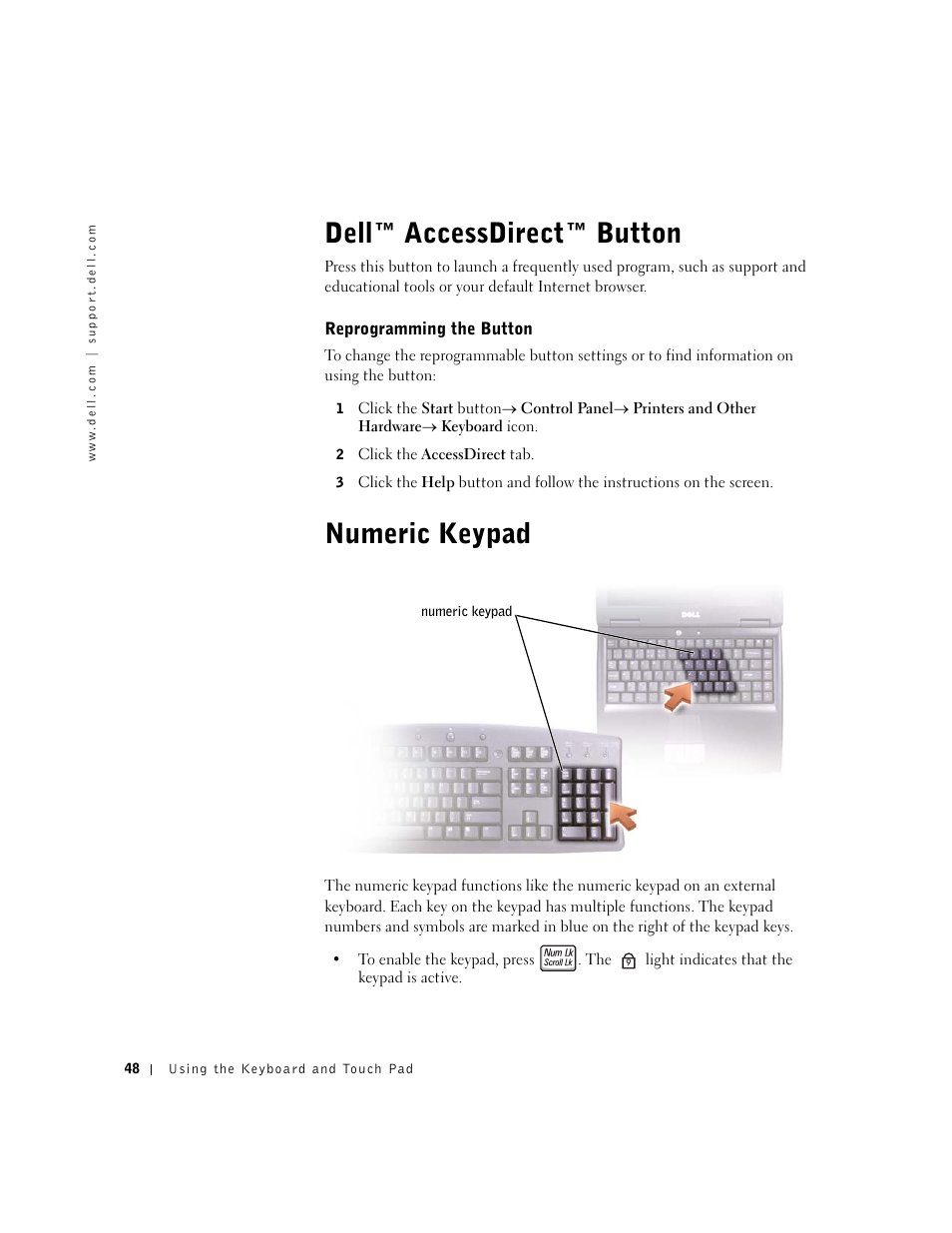 Dell™ accessdirect™ button, Reprogramming the button, Numeric keypad | Dell™ accessdirect™ button numeric keypad | Dell Inspiron 1100 User Manual | Page 48 / 164