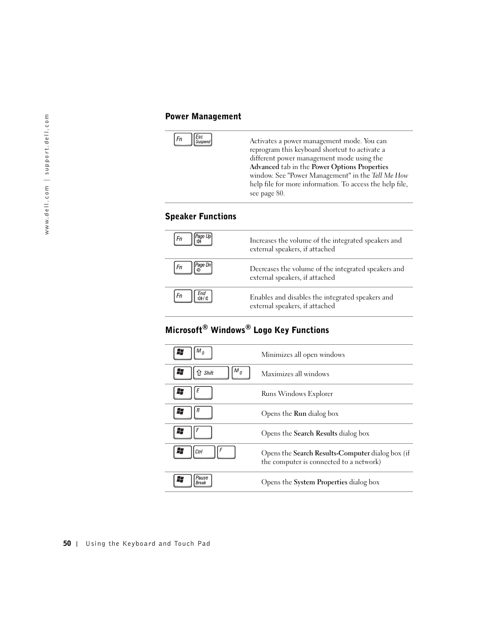 Power management, Speaker functions, Microsoft® windows® logo key functions | Microsoft | Dell Inspiron 1100 User Manual | Page 50 / 164