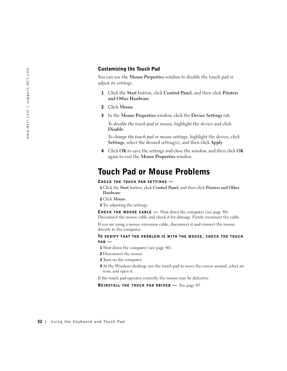 Customizing the touch pad, Touch pad or mouse problems | Dell Inspiron 1100 User Manual | Page 52 / 164