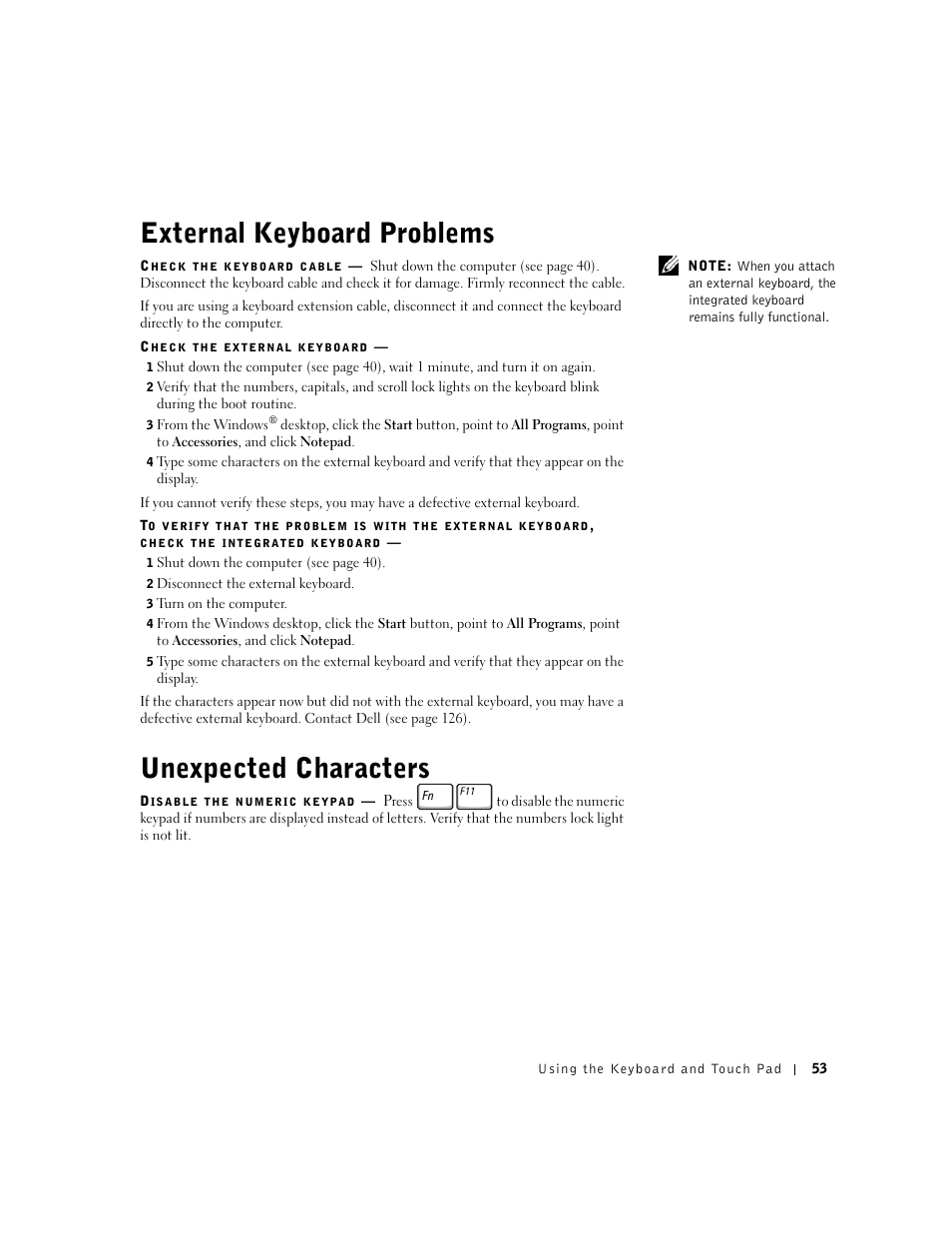 External keyboard problems, Unexpected characters, External keyboard problems unexpected characters | Dell Inspiron 1100 User Manual | Page 53 / 164