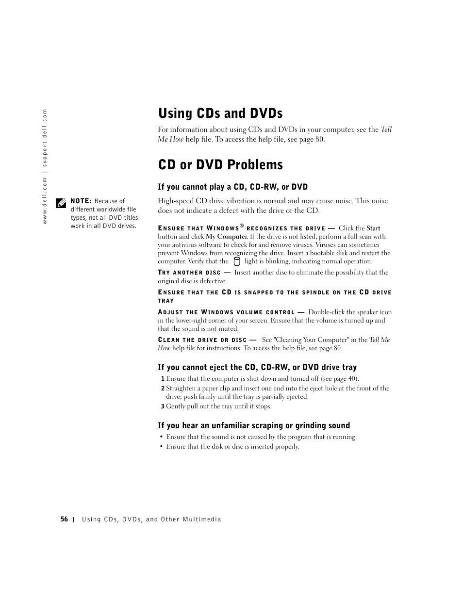 Using cds and dvds, Cd or dvd problems, If you cannot play a cd, cd-rw, or dvd | Dell Inspiron 1100 User Manual | Page 56 / 164