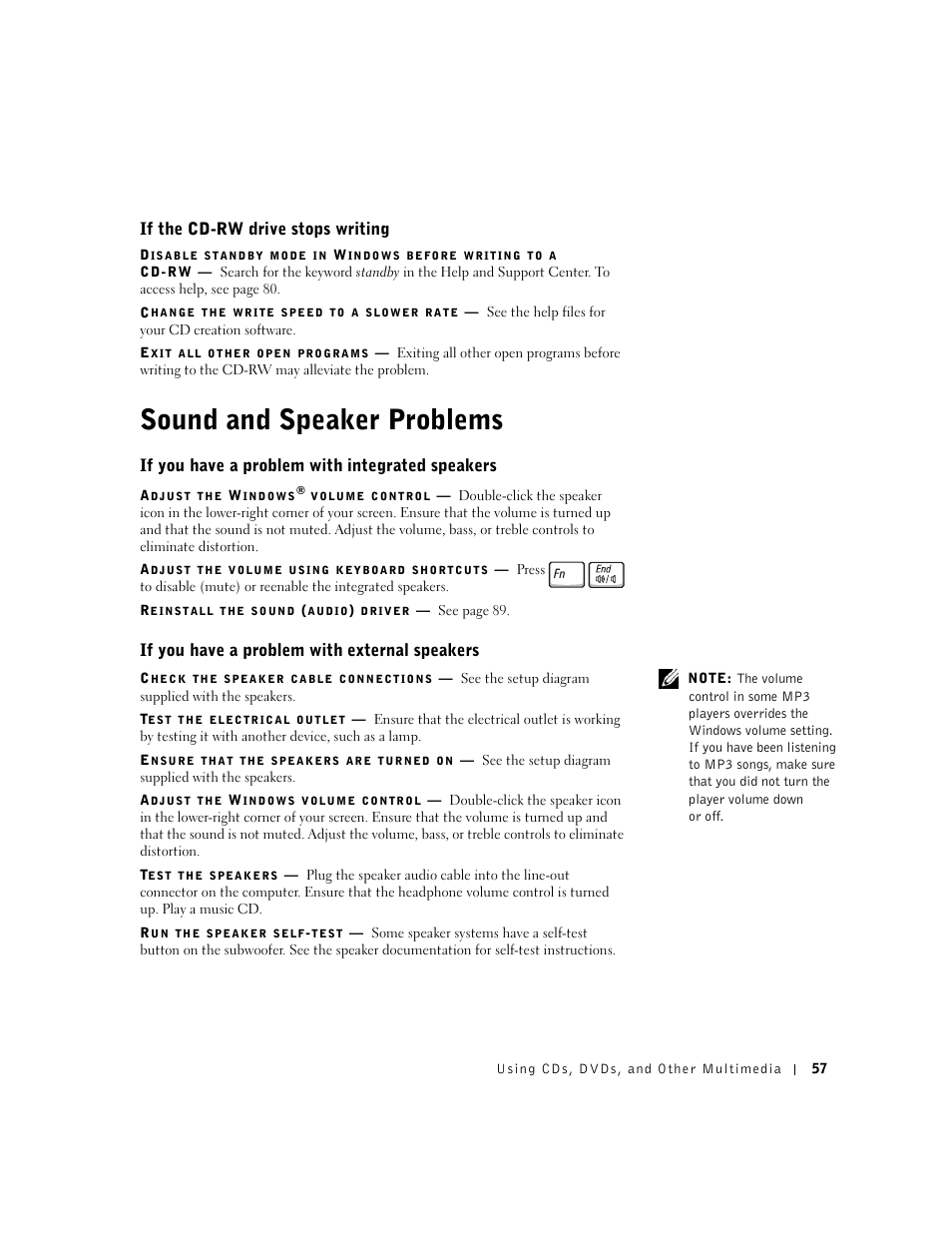 If the cd-rw drive stops writing, Sound and speaker problems, If you have a problem with integrated speakers | If you have a problem with external speakers | Dell Inspiron 1100 User Manual | Page 57 / 164