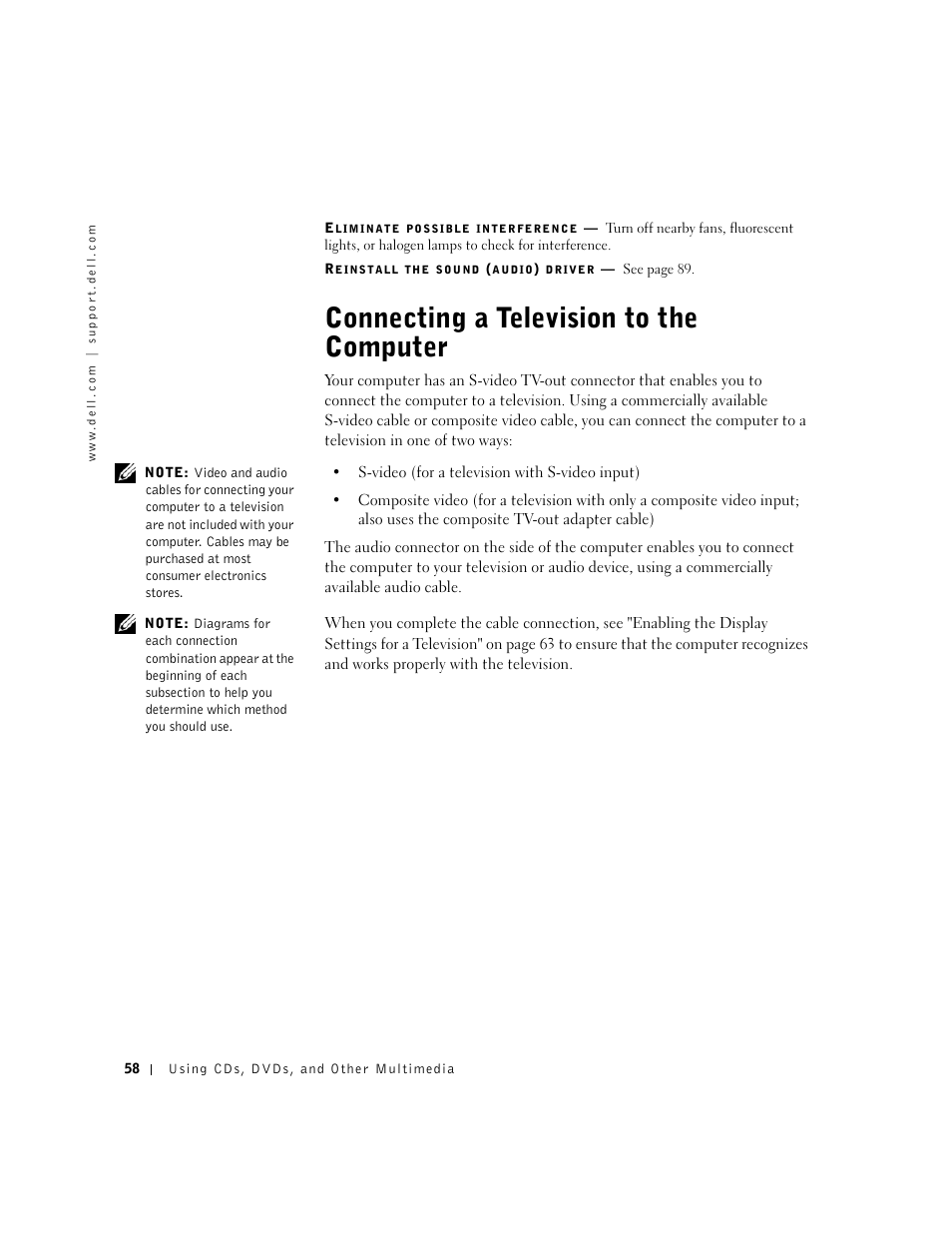 Connecting a television to the computer | Dell Inspiron 1100 User Manual | Page 58 / 164