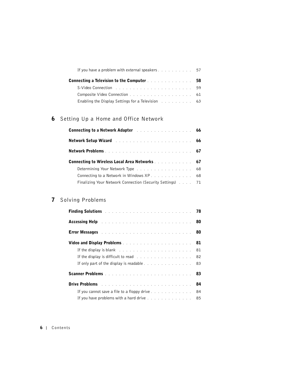 6 setting up a home and office network, 7 solving problems | Dell Inspiron 1100 User Manual | Page 6 / 164