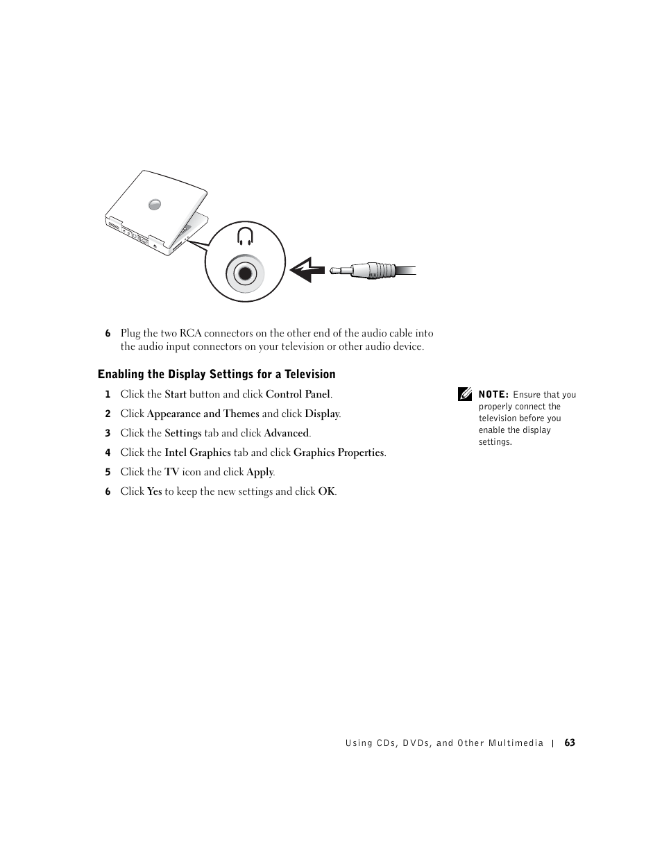 Enabling the display settings for a television | Dell Inspiron 1100 User Manual | Page 63 / 164