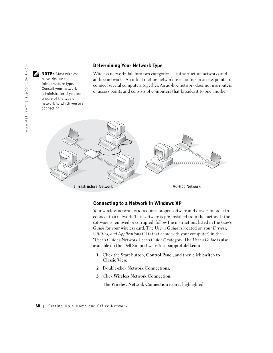 Determining your network type, Connecting to a network in windows xp | Dell Inspiron 1100 User Manual | Page 68 / 164