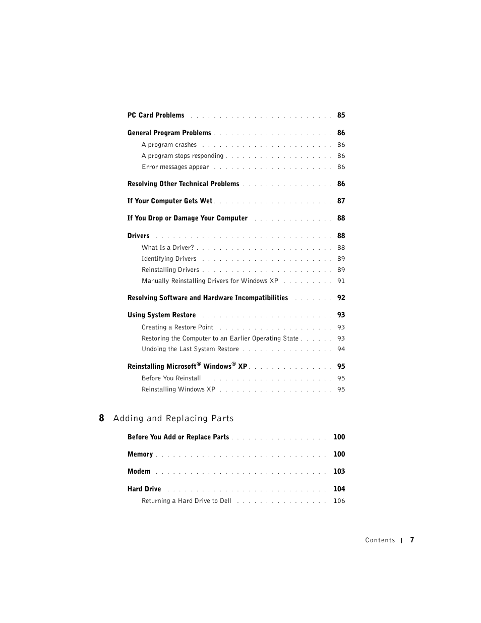 8 adding and replacing parts | Dell Inspiron 1100 User Manual | Page 7 / 164