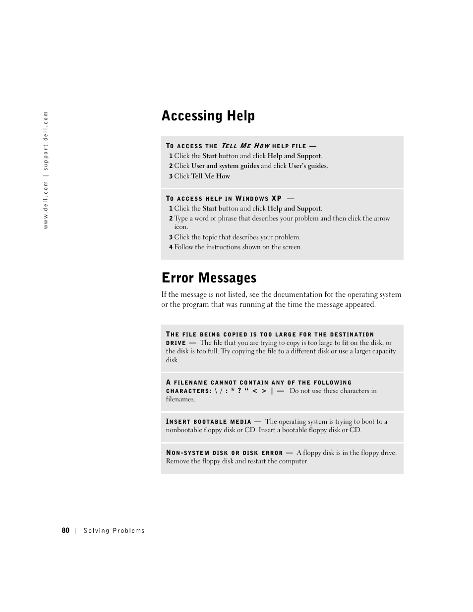 Accessing help, Error messages, Accessing help error messages | Dell Inspiron 1100 User Manual | Page 80 / 164