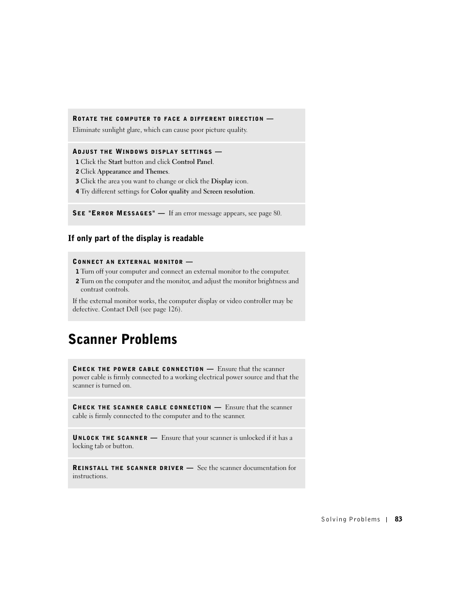 If only part of the display is readable, Scanner problems | Dell Inspiron 1100 User Manual | Page 83 / 164