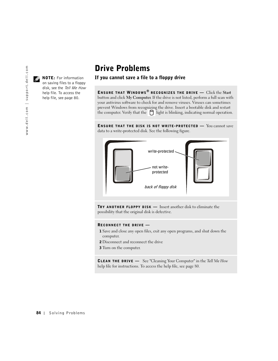 Drive problems, If you cannot save a file to a floppy drive | Dell Inspiron 1100 User Manual | Page 84 / 164