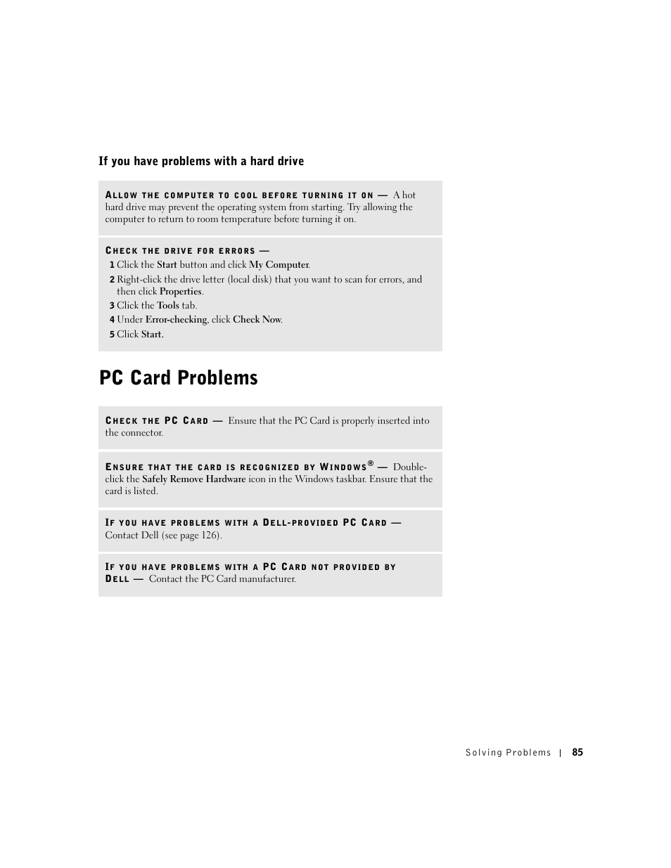 If you have problems with a hard drive, Pc card problems | Dell Inspiron 1100 User Manual | Page 85 / 164