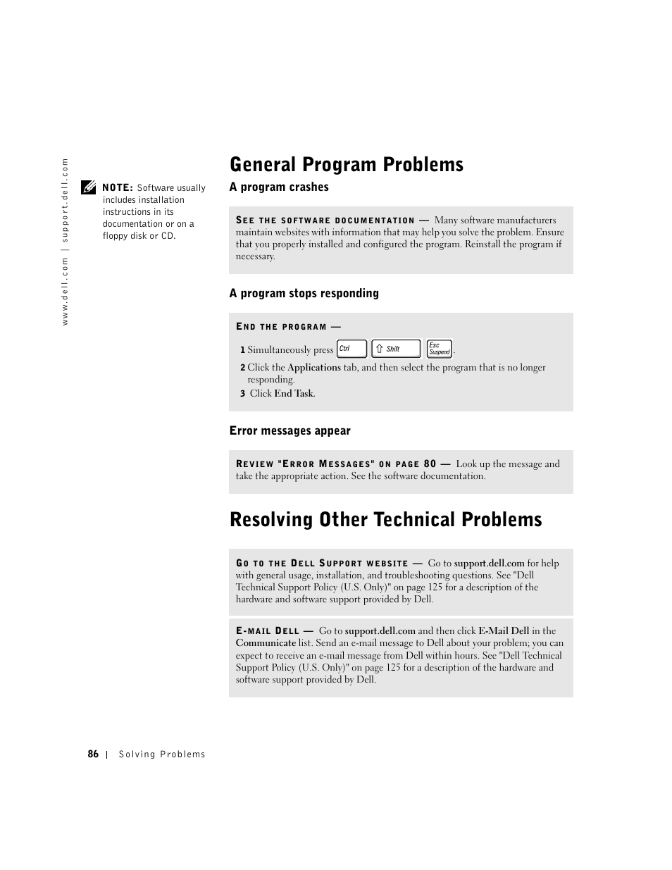 General program problems, A program crashes, A program stops responding | Error messages appear, Resolving other technical problems | Dell Inspiron 1100 User Manual | Page 86 / 164