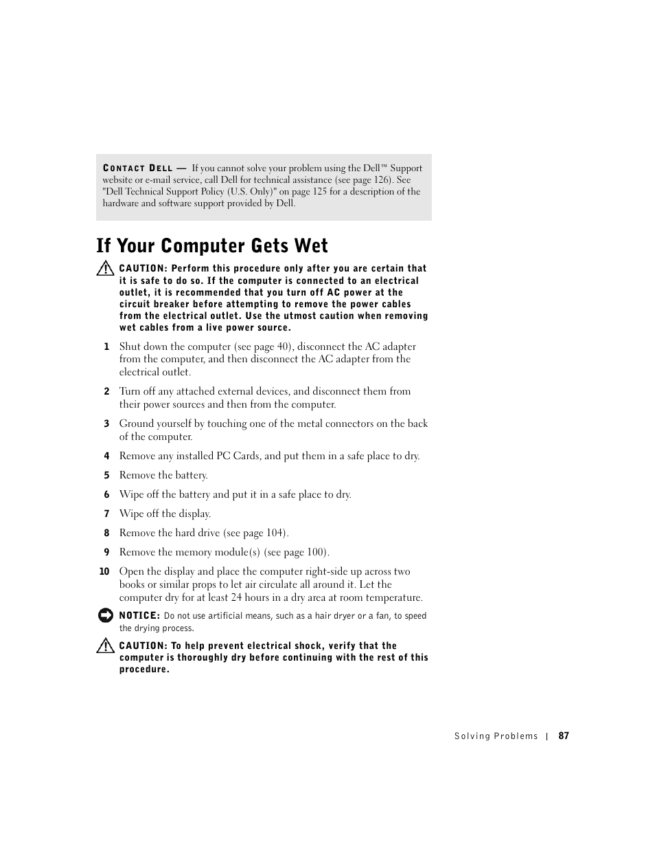 If your computer gets wet, Es described in "if your | Dell Inspiron 1100 User Manual | Page 87 / 164