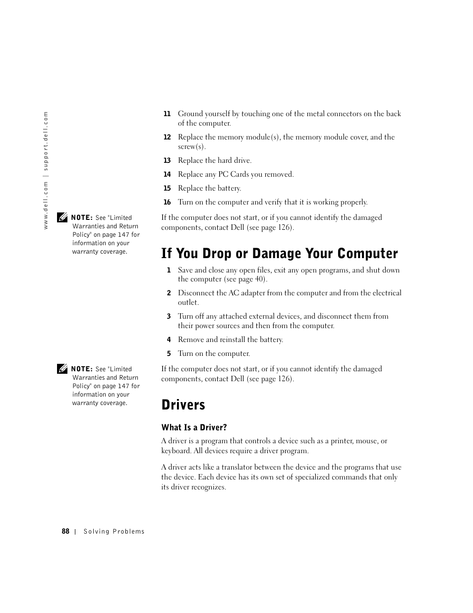 If you drop or damage your computer, Drivers, What is a driver | If you drop or damage your computer drivers | Dell Inspiron 1100 User Manual | Page 88 / 164