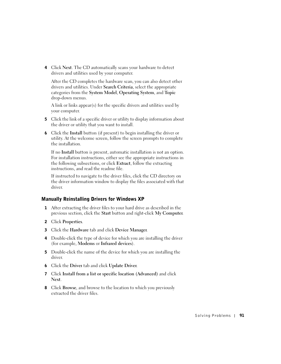 Manually reinstalling drivers for windows xp | Dell Inspiron 1100 User Manual | Page 91 / 164
