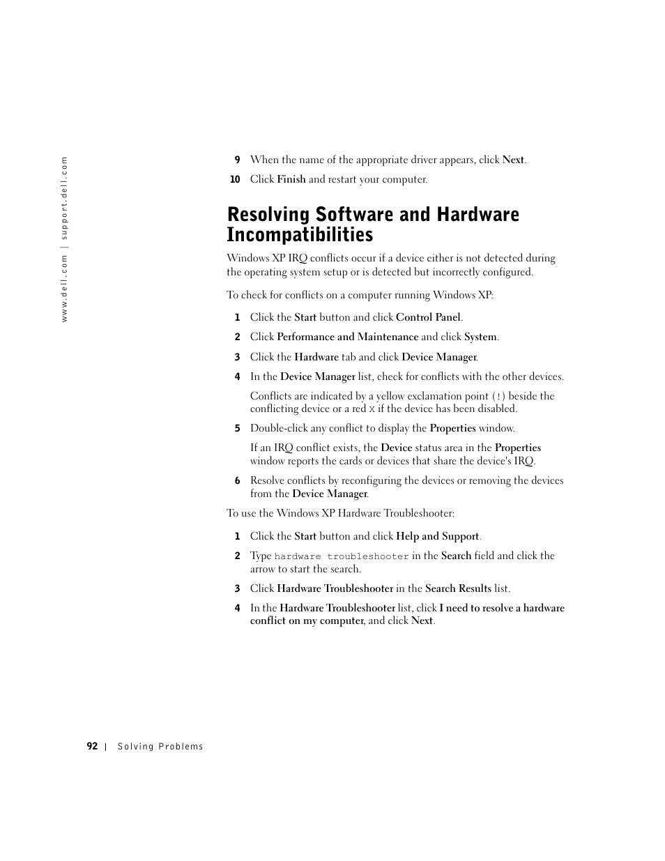 Resolving software and hardware incompatibilities | Dell Inspiron 1100 User Manual | Page 92 / 164