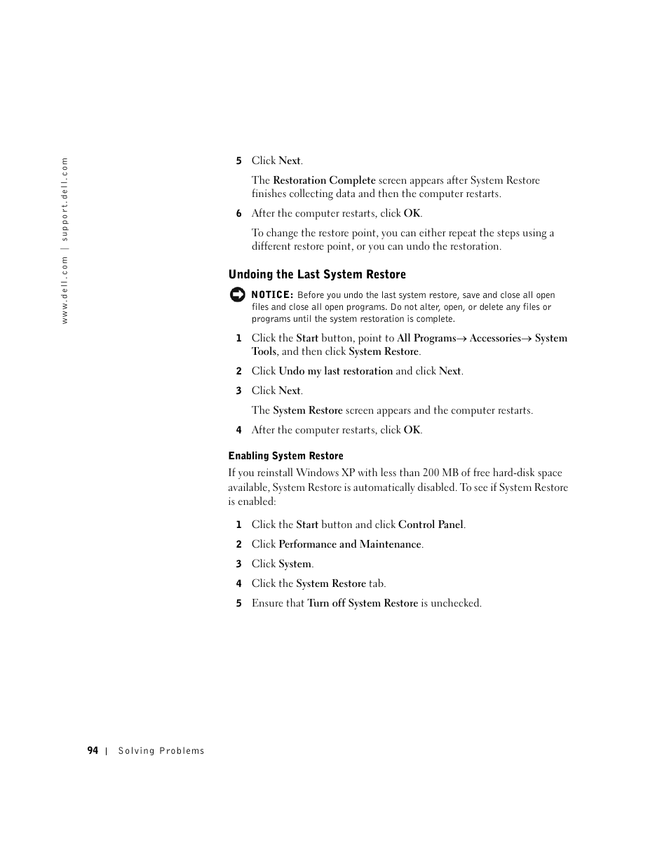 Undoing the last system restore | Dell Inspiron 1100 User Manual | Page 94 / 164