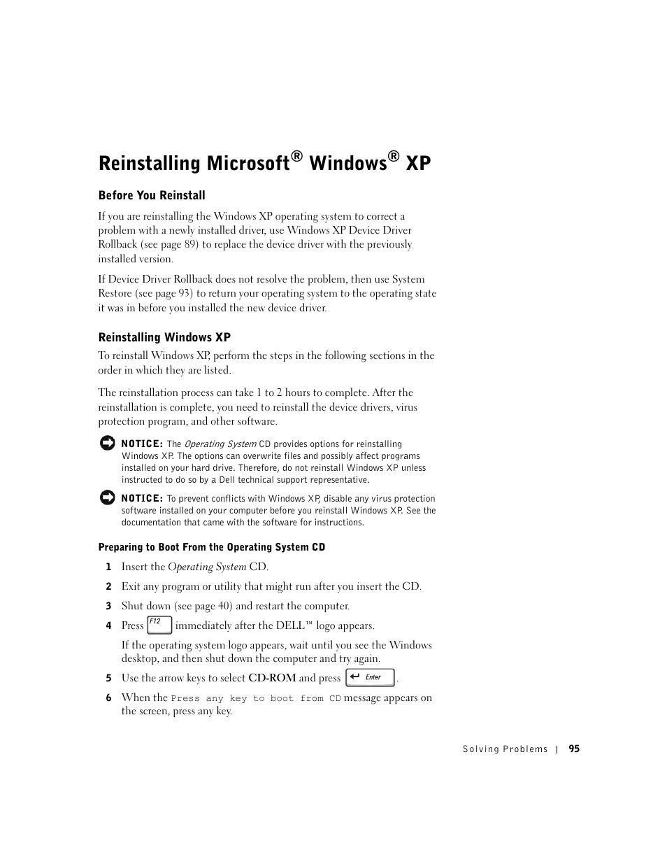 Reinstalling microsoft® windows® xp, Before you reinstall, Reinstalling windows xp | Reinstalling microsoft, Windows | Dell Inspiron 1100 User Manual | Page 95 / 164