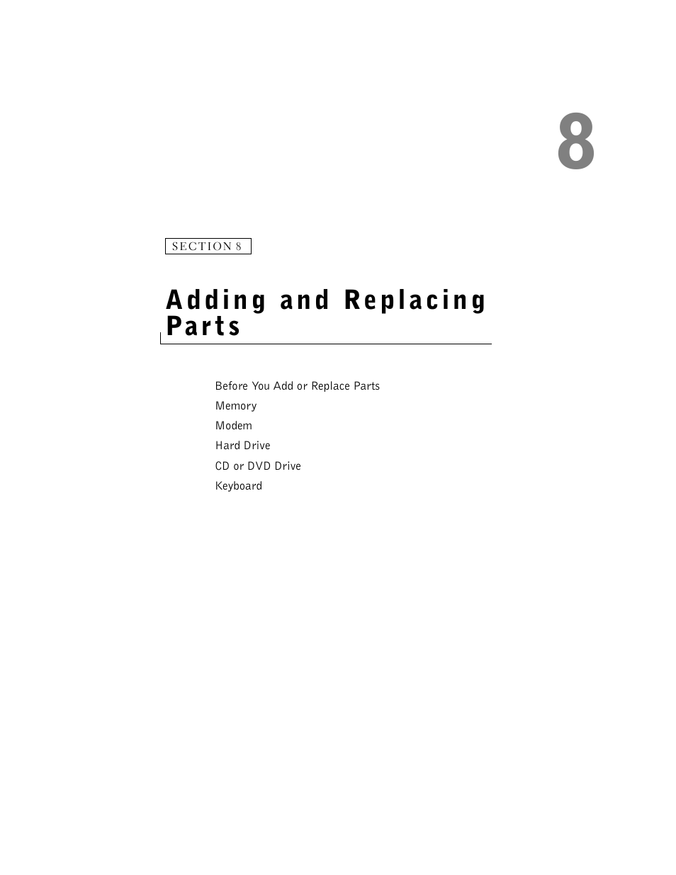 Adding and replacing parts, 8 adding and replacing parts | Dell Inspiron 1100 User Manual | Page 99 / 164