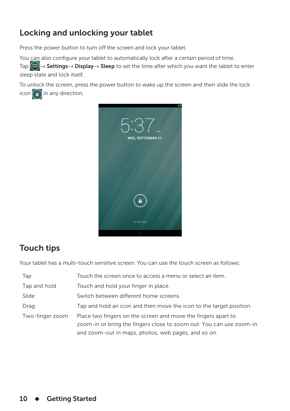 Locking and unlocking your tablet, Touch tips, Locking and unlocking your tablet touch tips | Dell Venue 8 User Manual | Page 10 / 28