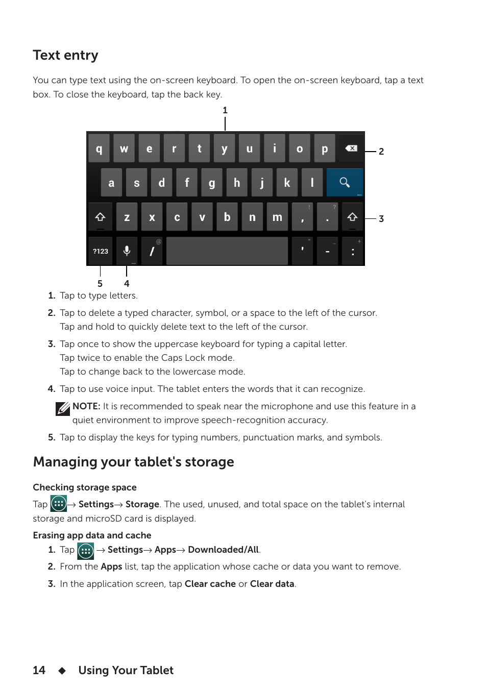 Text entry, Managing your tablet's storage, Text entry managing your tablet's storage | Dell Venue 8 User Manual | Page 14 / 28