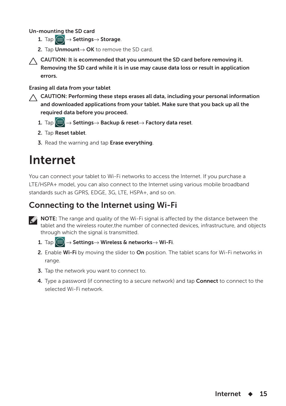Internet, Connecting to the internet using wi-fi | Dell Venue 8 User Manual | Page 15 / 28