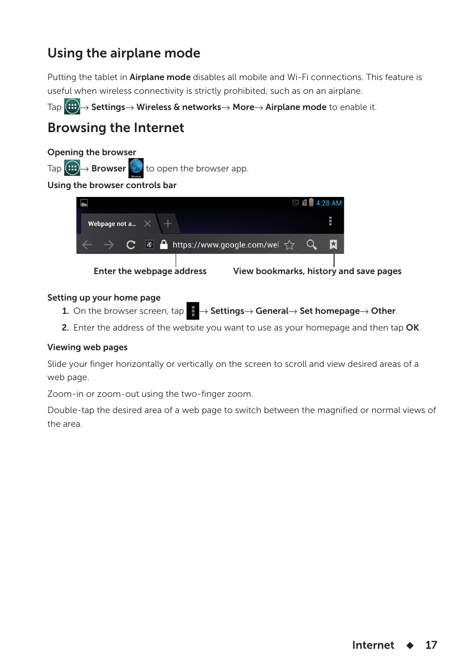 Using the airplane mode, Browsing the internet | Dell Venue 8 User Manual | Page 17 / 28