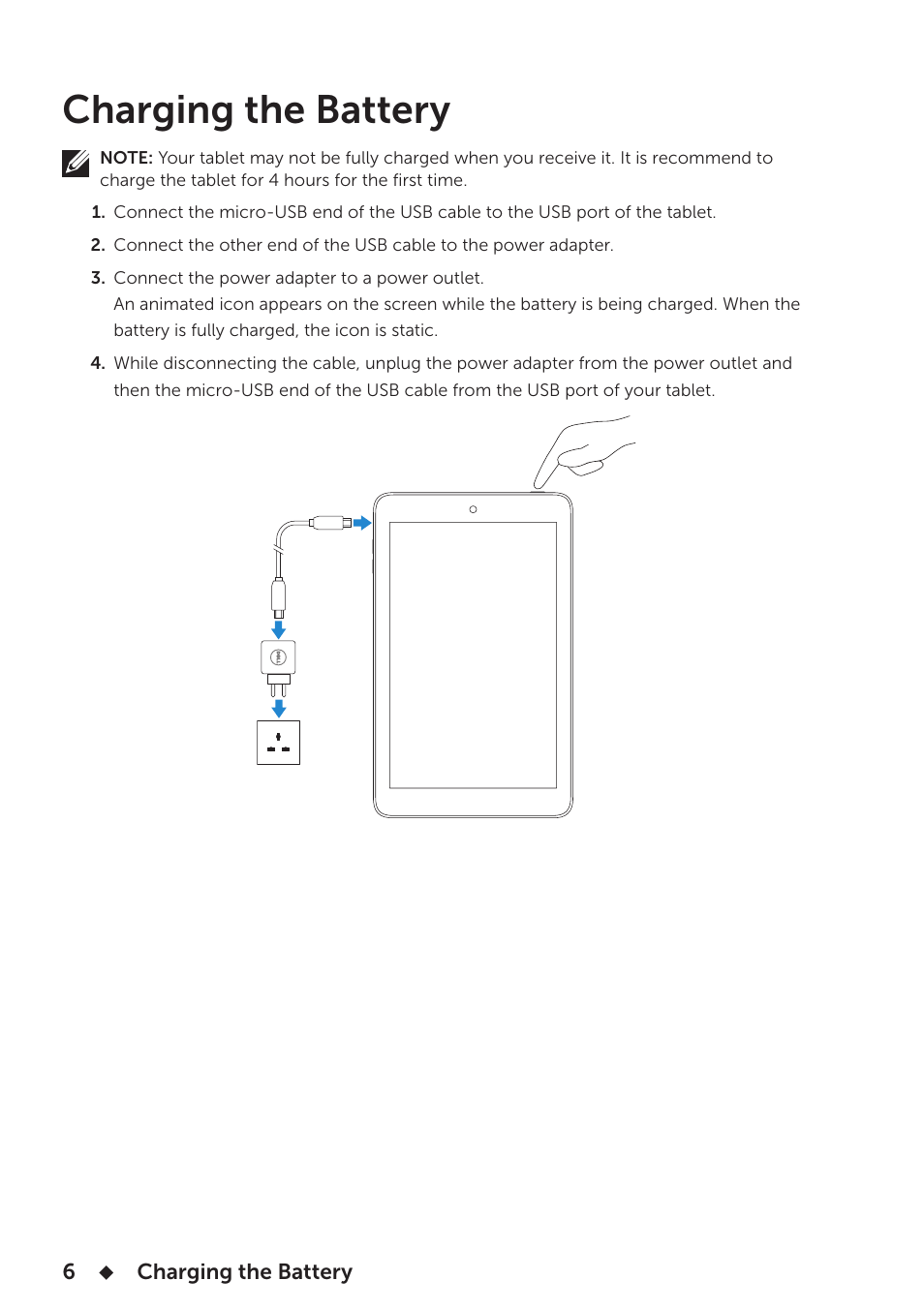 Charging the battery | Dell Venue 8 User Manual | Page 6 / 28