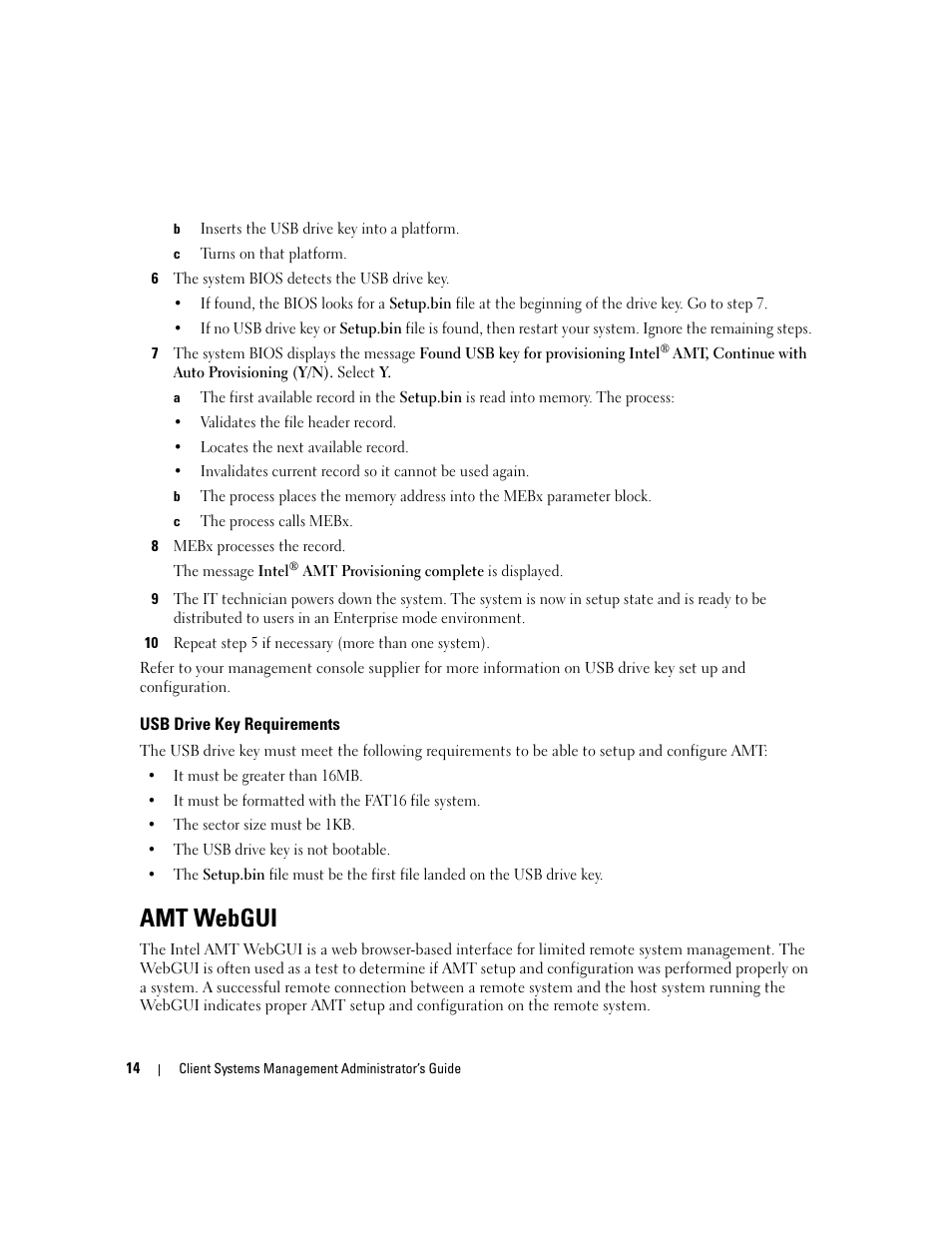 Usb drive key requirements, Amt webgui | Dell OptiPlex 745c (Early 2007) User Manual | Page 14 / 20