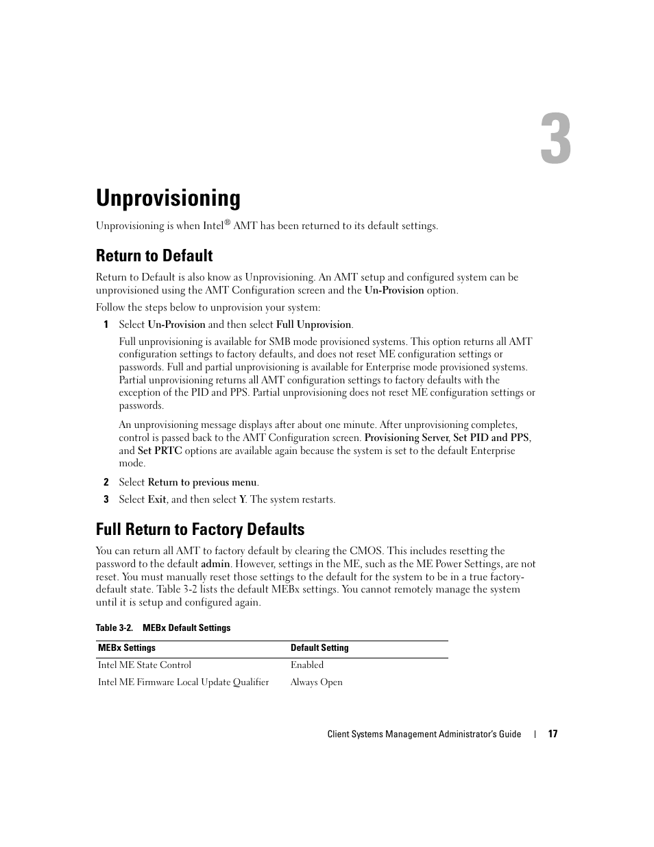 Unprovisioning, Return to default, Full return to factory defaults | Dell OptiPlex 745c (Early 2007) User Manual | Page 17 / 20
