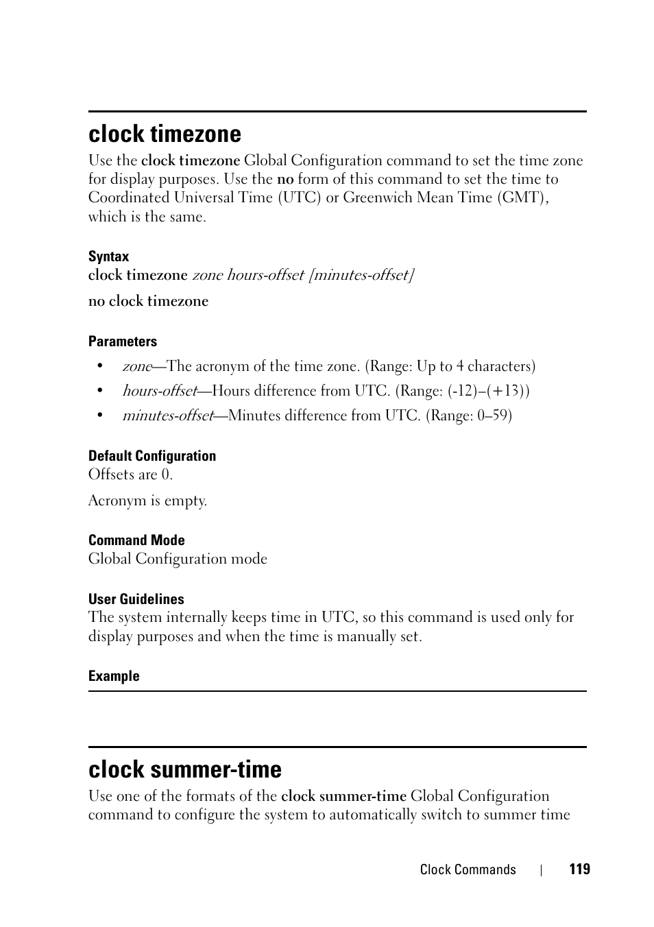 Clock timezone, Clock summer-time | Dell PowerEdge VRTX User Manual | Page 119 / 832