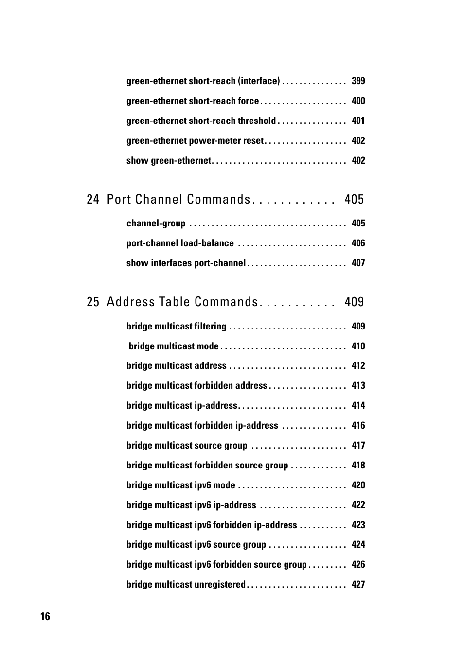 24 port channel commands, 25 address table commands | Dell PowerEdge VRTX User Manual | Page 16 / 832
