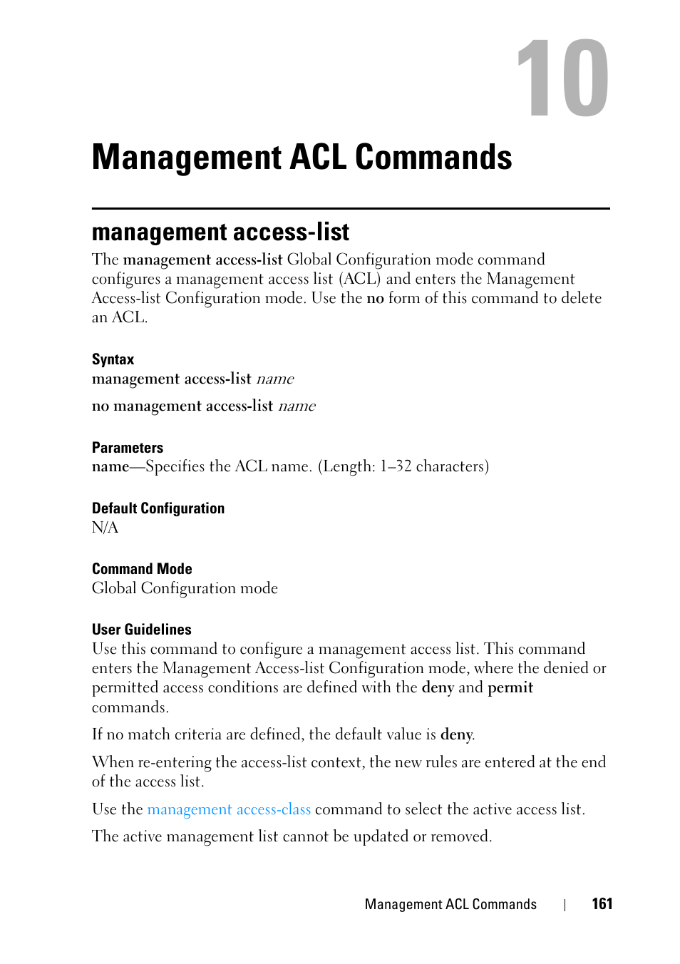 Management acl commands, Management access-list, 8 management acl commands | Dell PowerEdge VRTX User Manual | Page 161 / 832