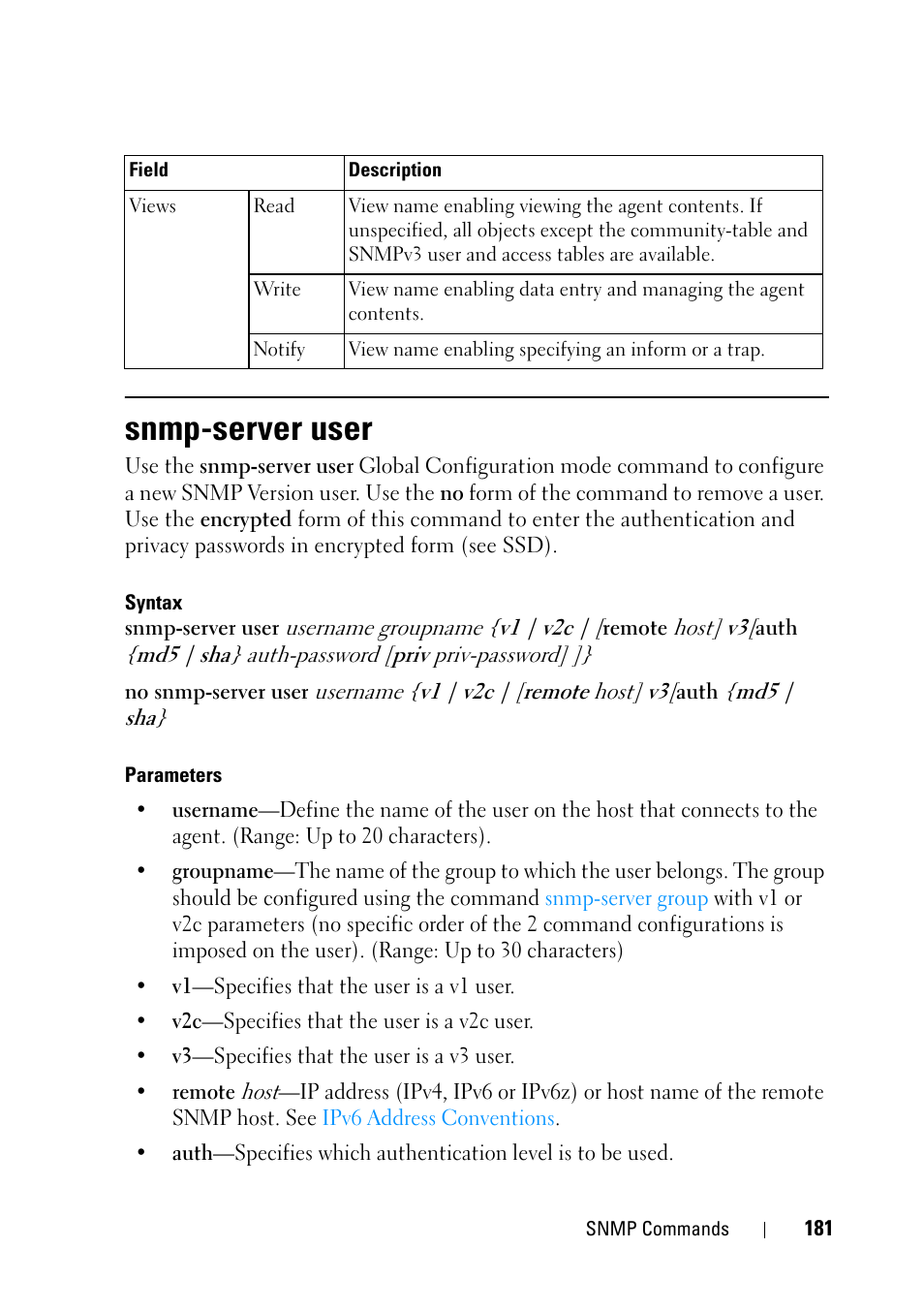 Snmp-server user | Dell PowerEdge VRTX User Manual | Page 181 / 832
