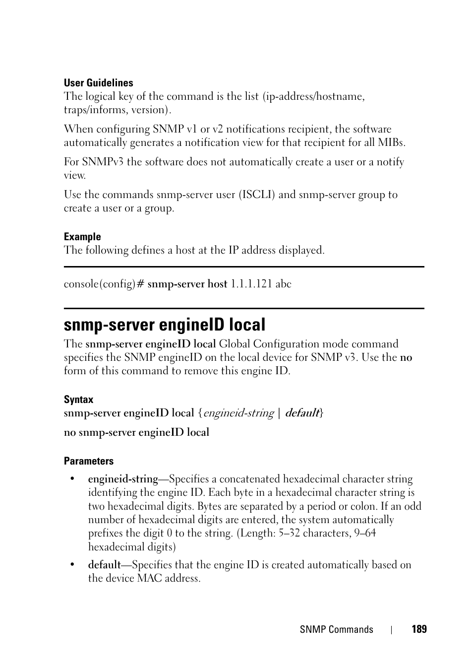Snmp-server engineid local | Dell PowerEdge VRTX User Manual | Page 189 / 832