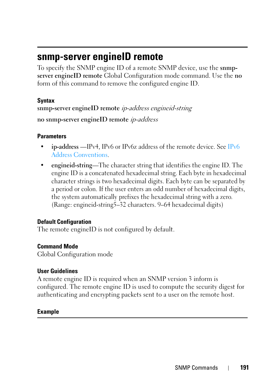 Snmp-server engineid remote, Snmp-server, Engineid remote | Comm | Dell PowerEdge VRTX User Manual | Page 191 / 832