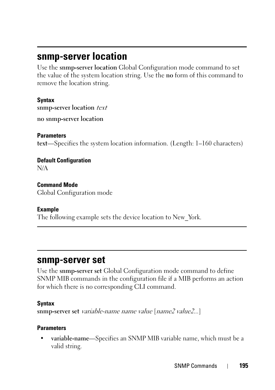 Snmp-server location, Snmp-server set | Dell PowerEdge VRTX User Manual | Page 195 / 832
