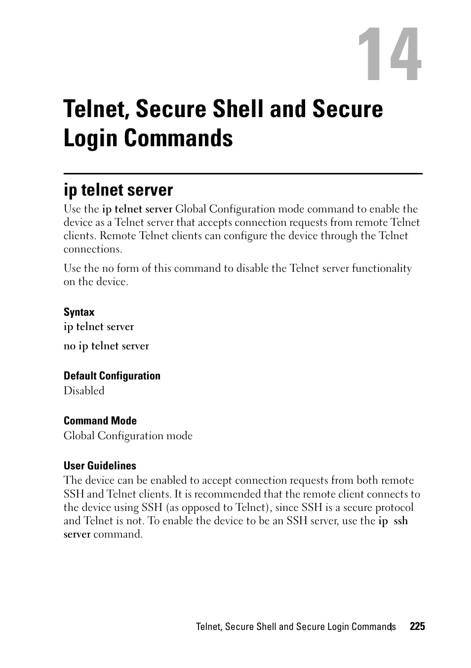 Telnet, secure shell and secure login commands, Ip telnet server, 12 telnet, secure shell and secure login commands | Dell PowerEdge VRTX User Manual | Page 225 / 832