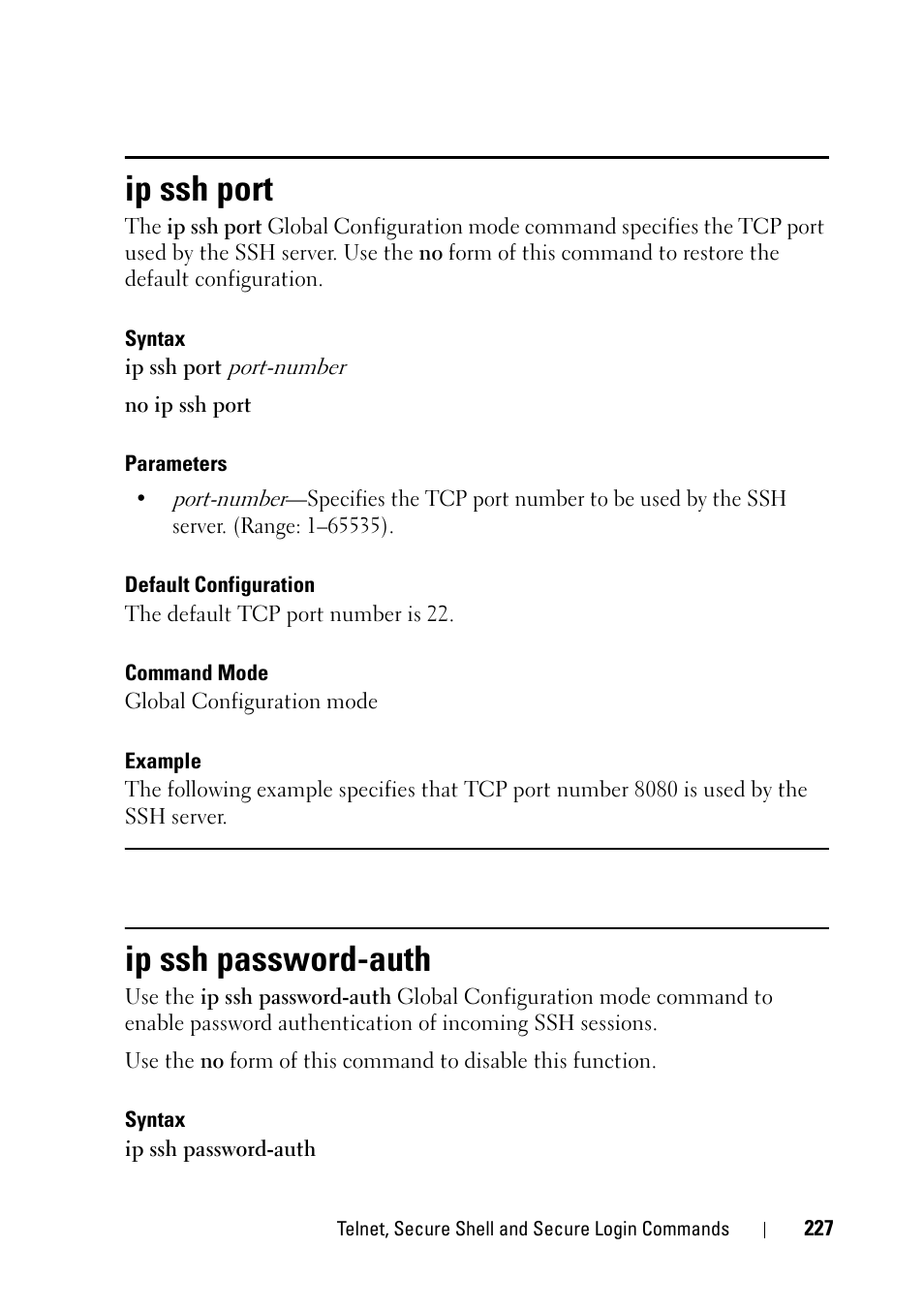 Ip ssh port, Ip ssh password-auth | Dell PowerEdge VRTX User Manual | Page 227 / 832