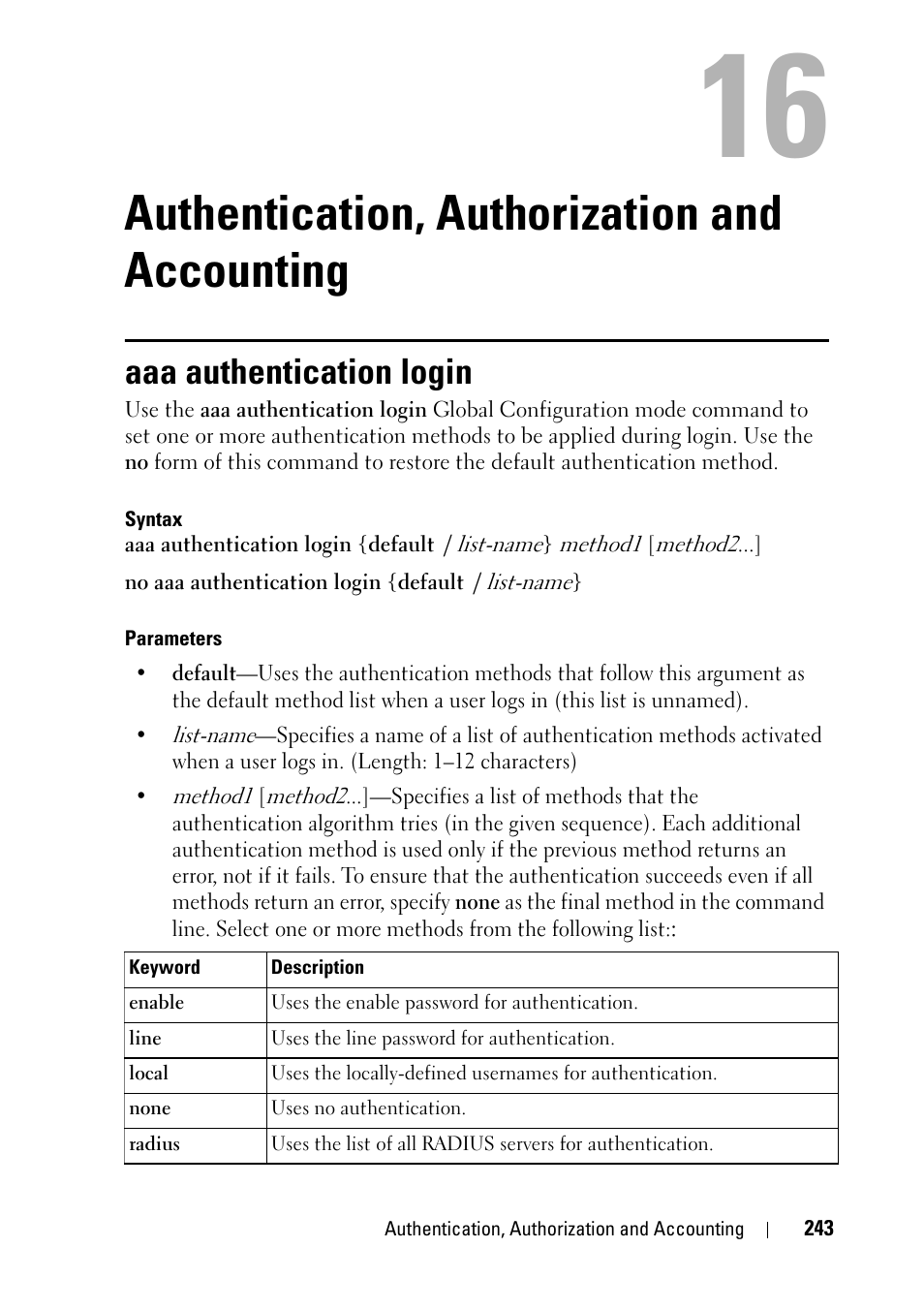 Authentication, authorization and accounting, Aaa authentication login | Dell PowerEdge VRTX User Manual | Page 243 / 832