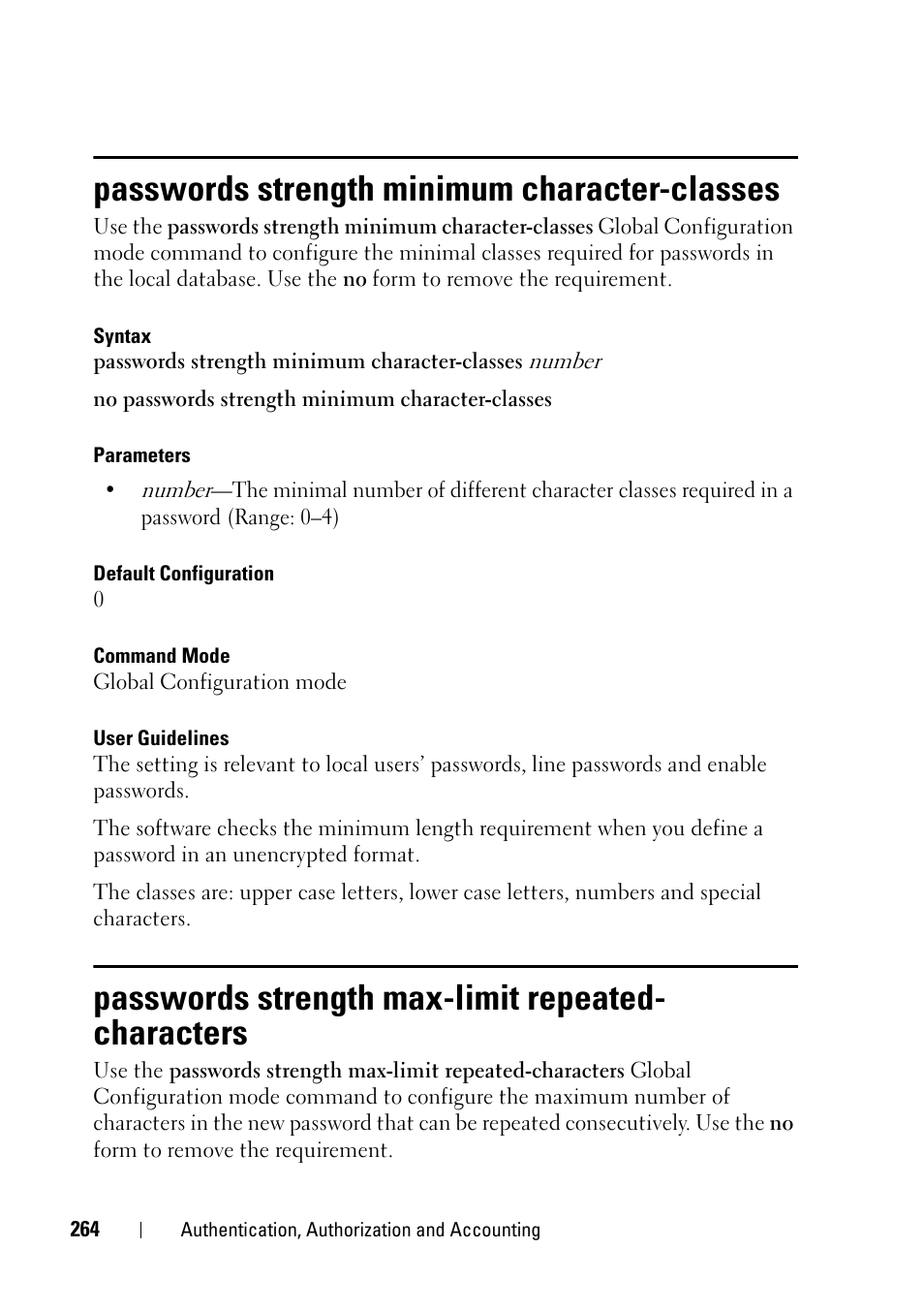 Passwords strength minimum character-classes, Passwords strength max-limit repeated- characters, Passwords strength max-limit repeated-characters | Dell PowerEdge VRTX User Manual | Page 264 / 832