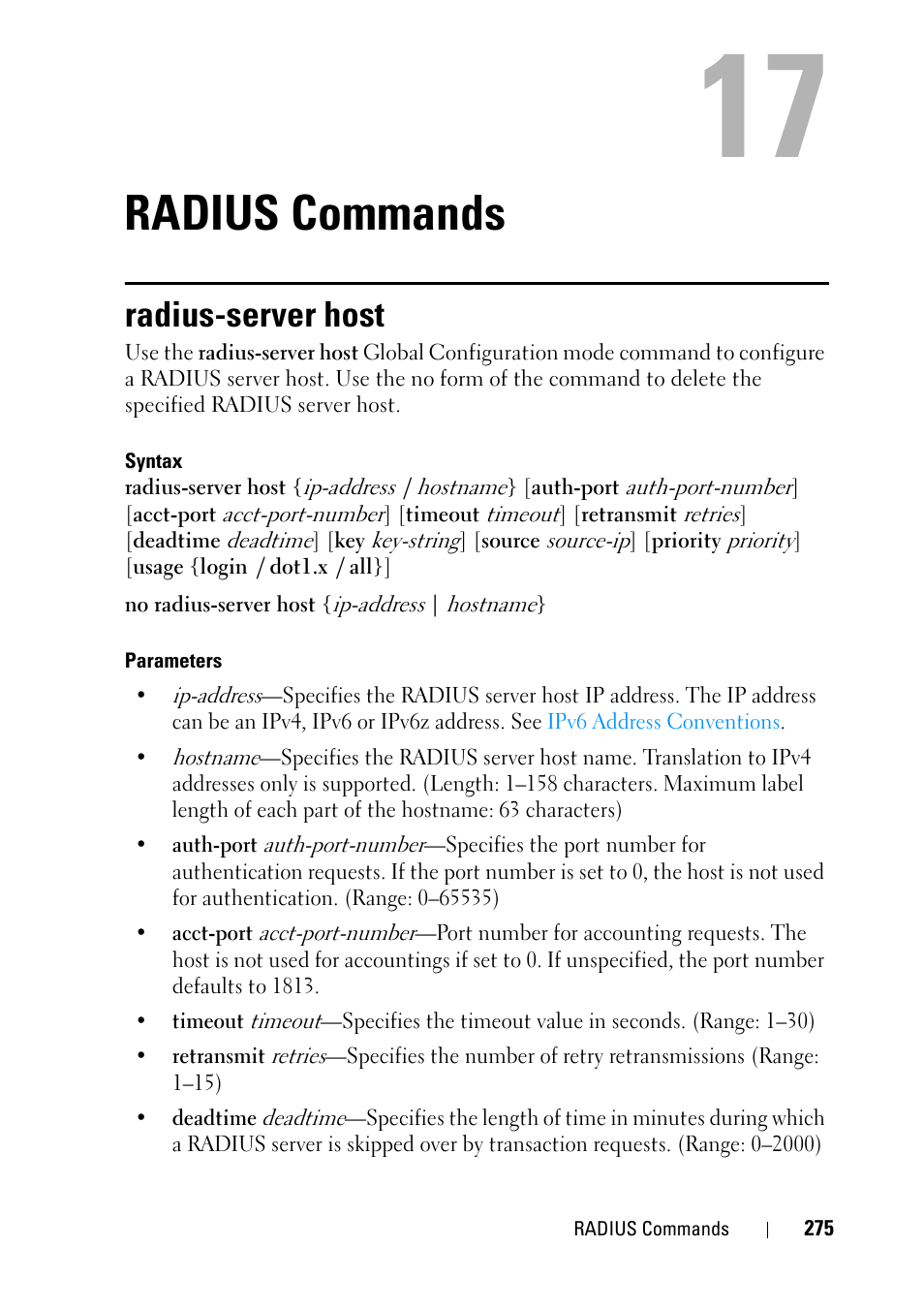 Radius commands, Radius-server host, 15 radius commands | Dell PowerEdge VRTX User Manual | Page 275 / 832