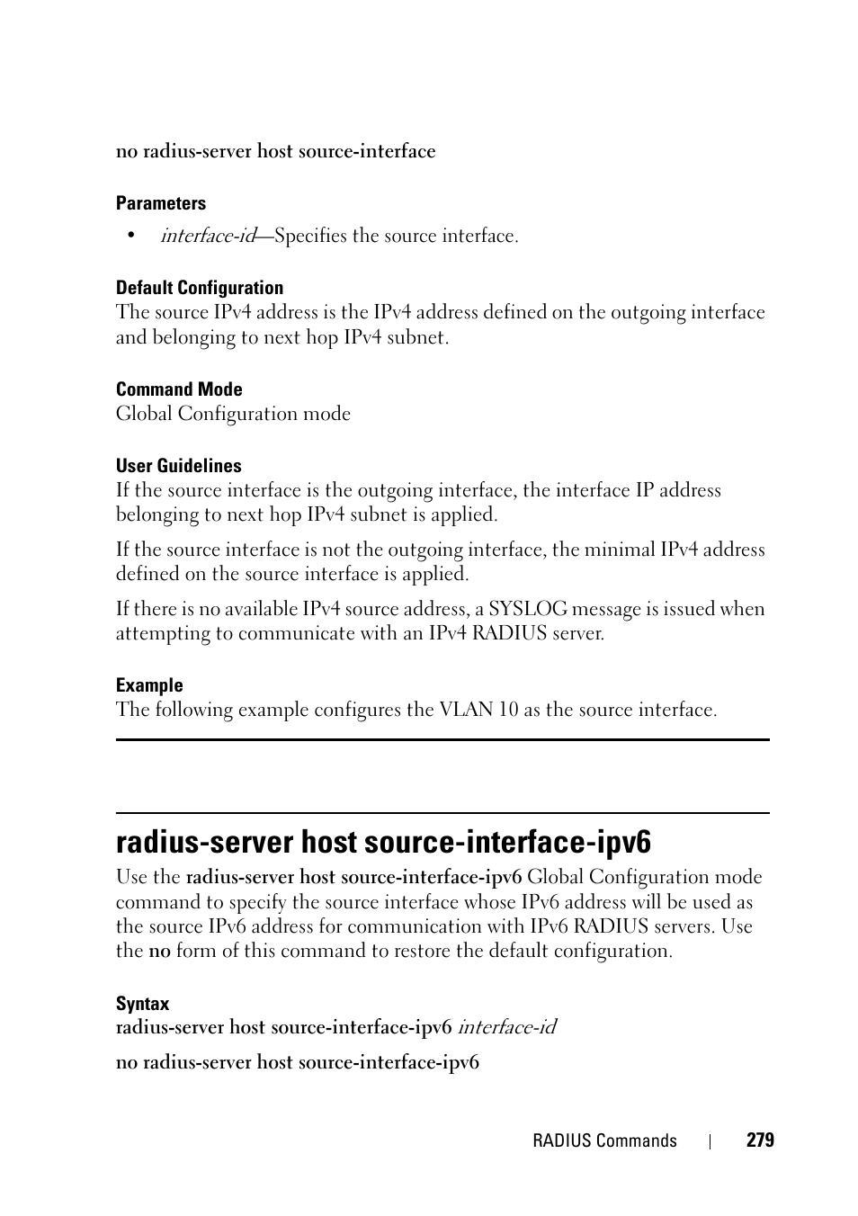 Radius-server host source-interface-ipv6 | Dell PowerEdge VRTX User Manual | Page 279 / 832